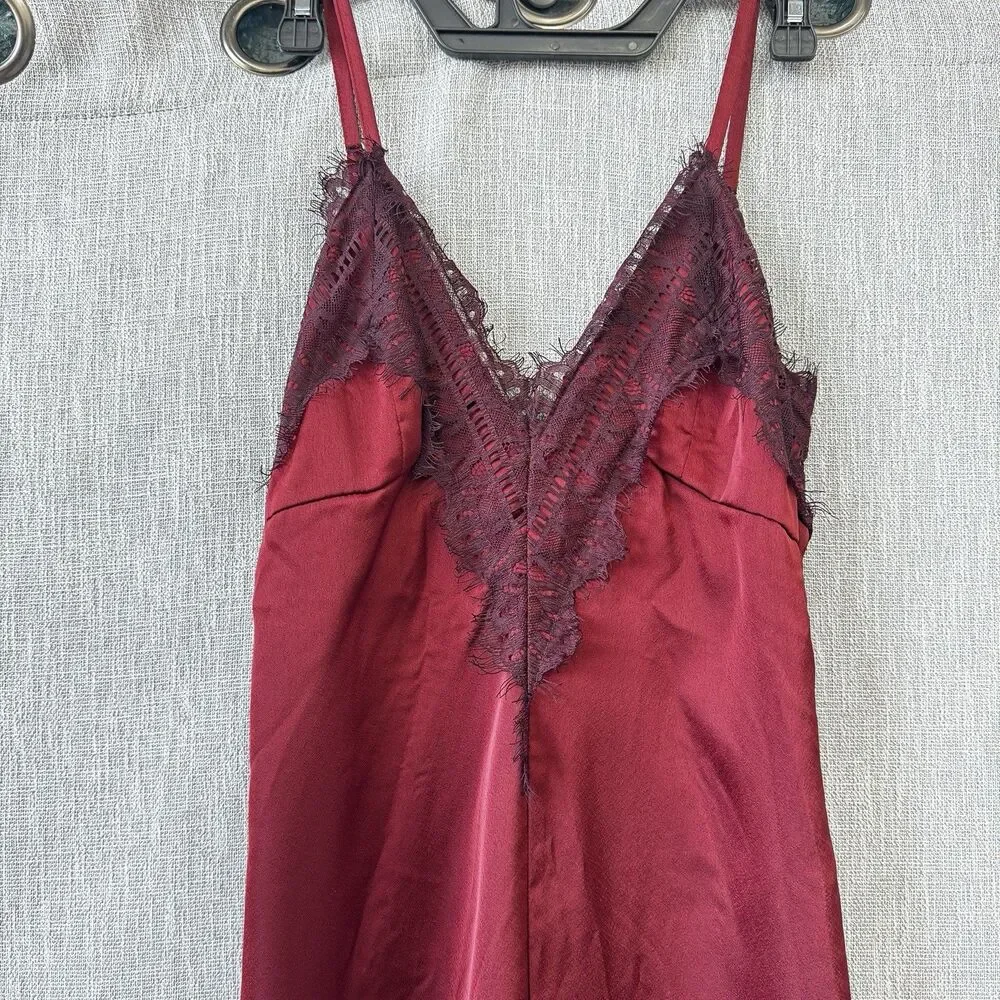 Nasty Gal Burgundy Satin Wide Leg Jumpsuit Lace Trim PTP 16 Open Back XXS Slit - Picture 3 of 16